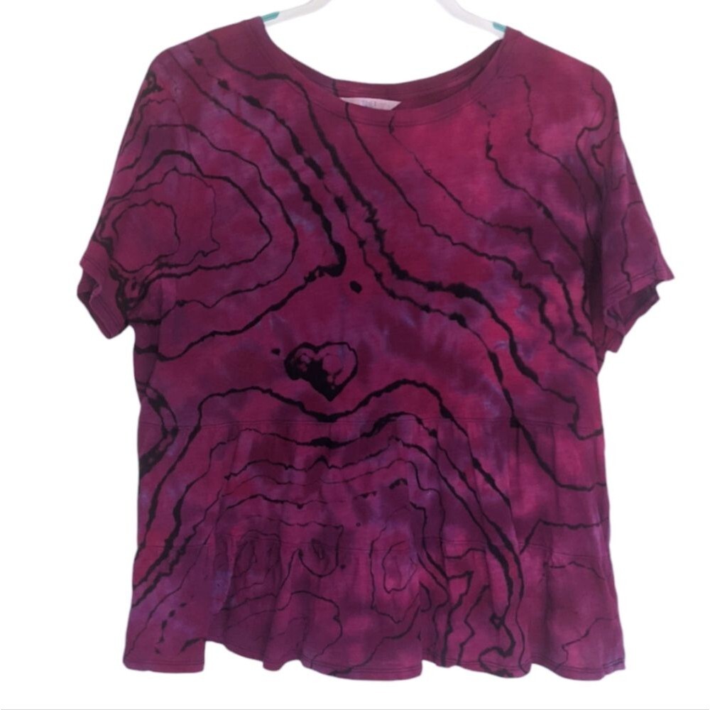 Reverse Tie Dye Geode L Womens T Shirt Tiered Peplum Cotton Large Pink Black